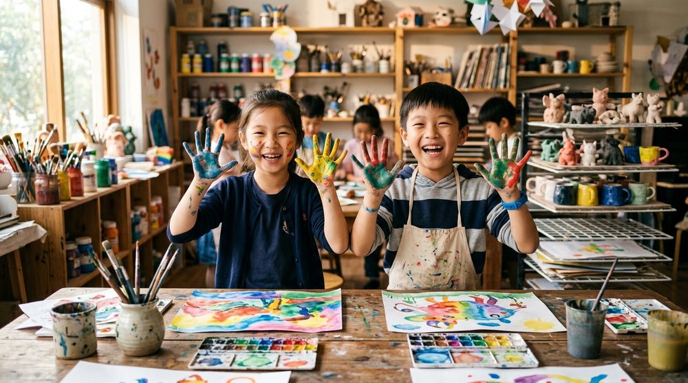 孩子们在美术教室画画做手工