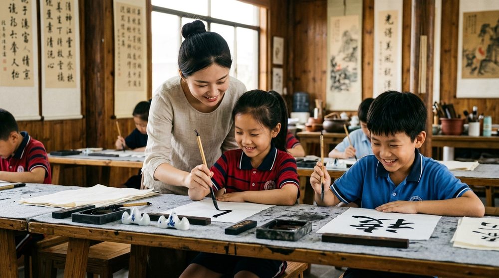 孩子们在书法课上握笔写字,老师在旁指导