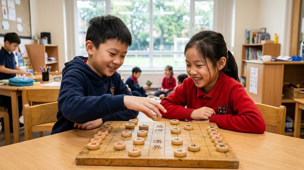 两个孩子面对面下中国象棋