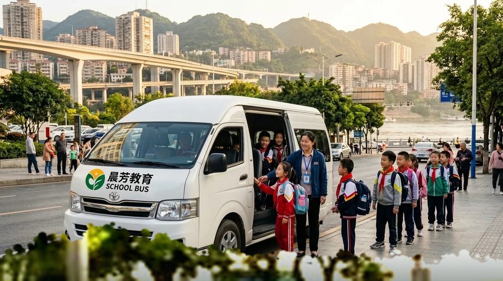 老师在校门口清点学生,孩子们依次登上晨芳教育校车