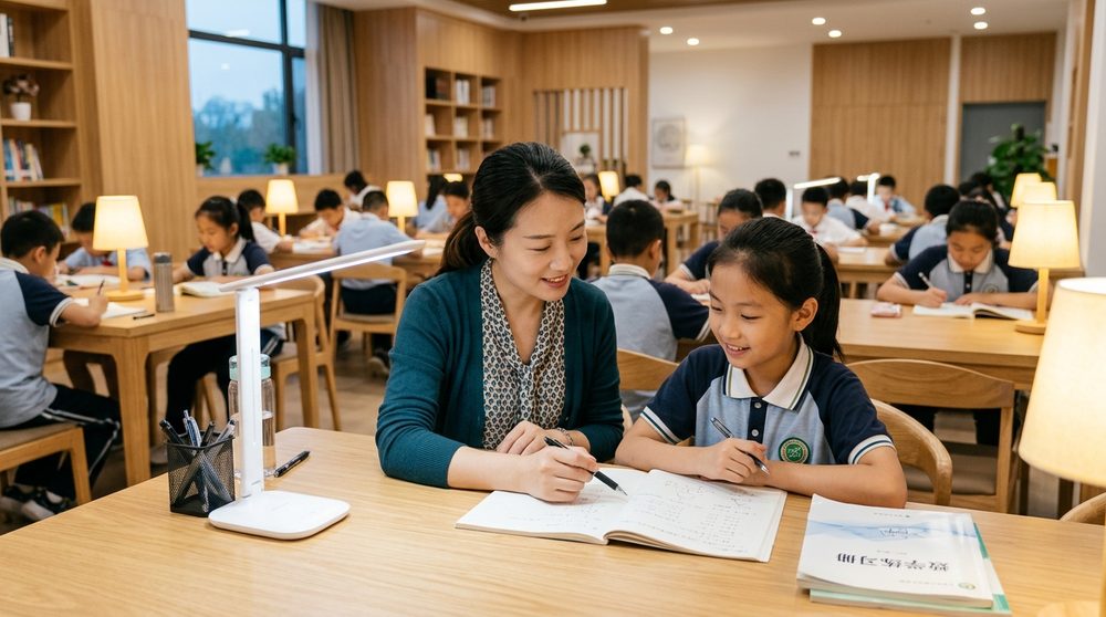 看护老师在自习室里陪伴孩子完成当天作业