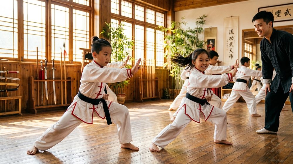 孩子们穿着道服在练武术基本功