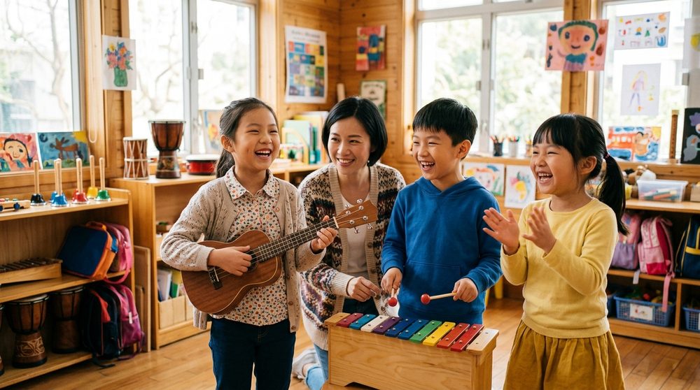 孩子们在音乐活动中弹奏小乐器