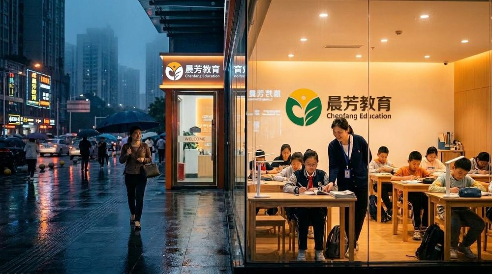 雨夜的重庆街头,晨芳教育校区内灯光明亮