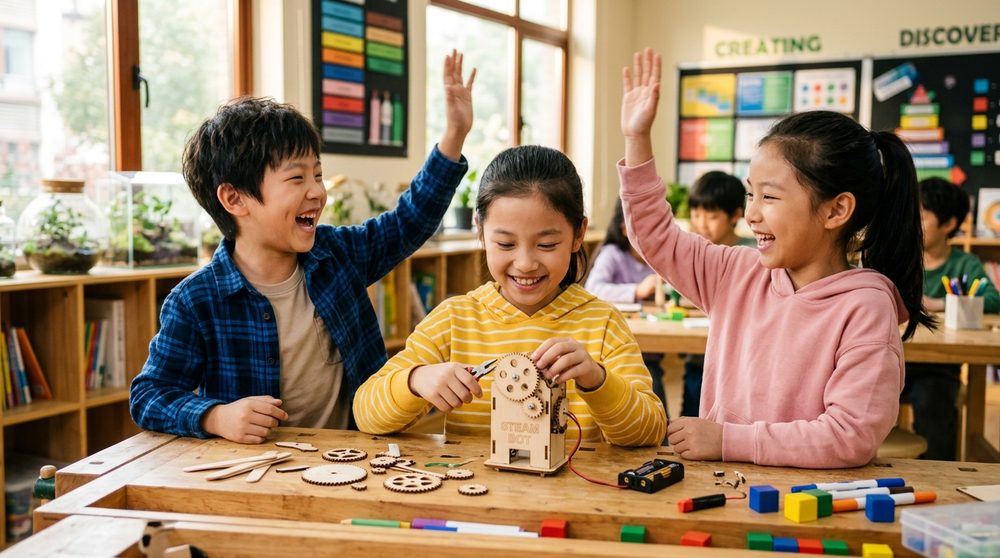 孩子们在教室里动手做科学小制作